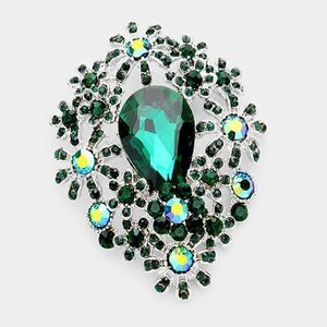 Flower Cluster Green Crystal Rhodium Pin Brooch